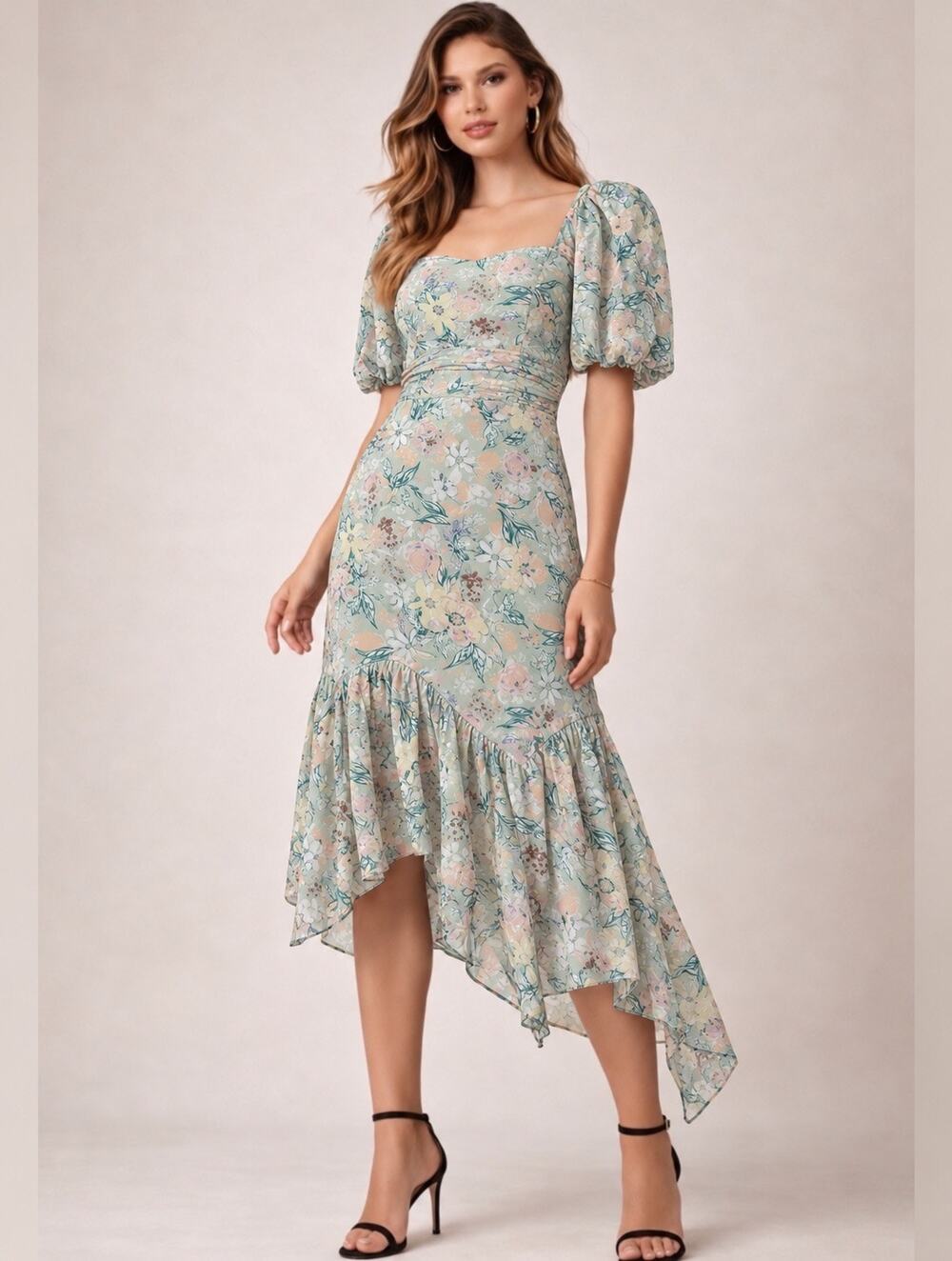 ASTR The Label Dress SZ Small NEW Floral Midi Puff Sleeve Asymmetrical NWOT
